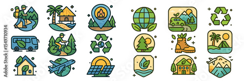 Exploring nature with eco-friendly icons depicting sustainable travel and environmental protection practices