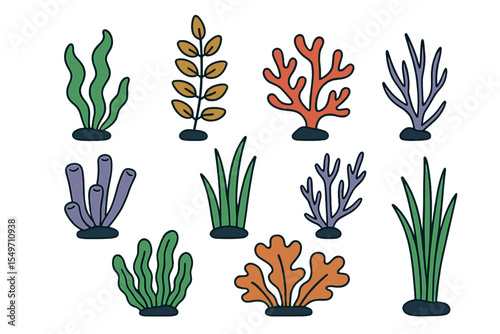 Colorful assortment of underwater plants and corals in vibrant designs for art and decor inspiration