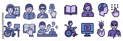 Diverse learning activities featuring various individuals engaged in educational tasks around technology and reading