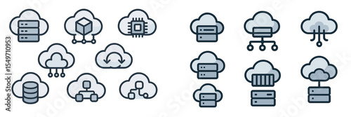 Various cloud computing icons representing different services and functionalities in a digital environment for technology applications
