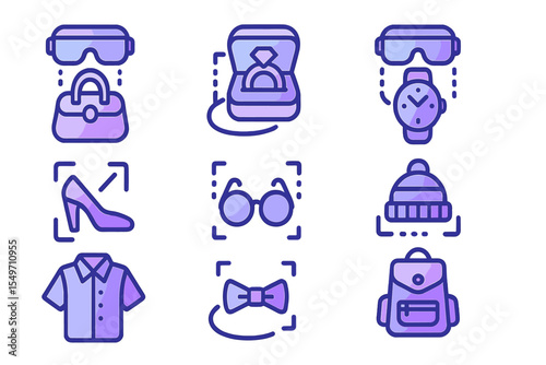 Fashion accessories and wearable technology icons in a modern design layout showcasing diverse items for everyday use