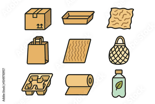 Collection of eco-friendly packaging materials including boxes, bags, and containers displayed on a simple background