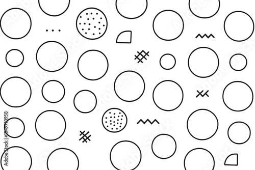 Abstract design featuring various circle patterns and shapes on a white background in a minimalist style