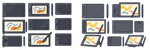 Creative tools arranged on a table showcasing digital drawing tablets and styluses for artists and designers