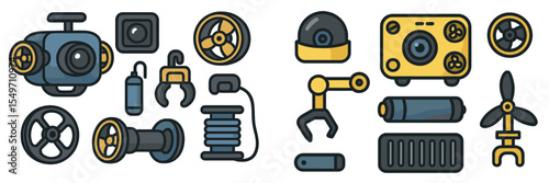 Collection of illustrated mechanical components showcasing various machine parts and tools in a structured layout