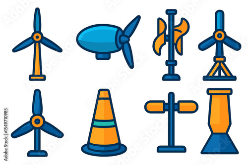 Various wind energy and transportation icons designed in a colorful, modern style for educational or informational purposes