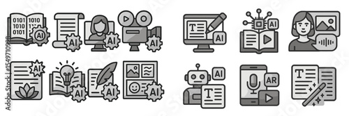 Creative technology icons representing artificial intelligence in various applications and fields for education and communication