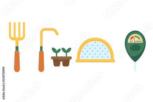 Gardening tools arranged for planting seedlings in a sunny outdoor space during springtime