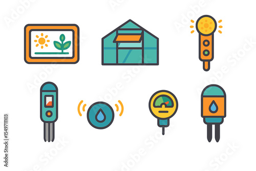 Illustrations of gardening tools and equipment designed for monitoring plant health and optimizing growth conditions