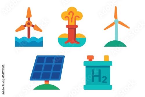 Renewable energy sources illustrated with wind turbines, solar panels, and hydrogen storage concepts