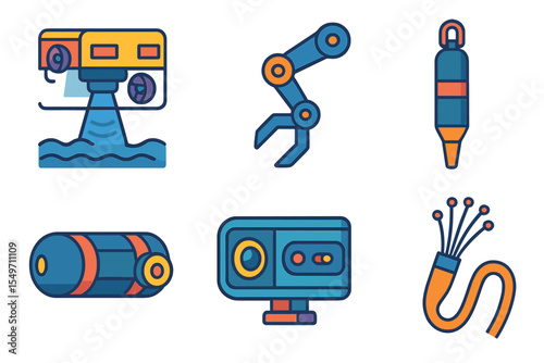 Colorful icons representing underwater exploration tools and robotic arms for scientific research and innovation
