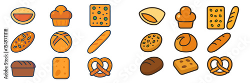 Various types of baked goods displayed on a white background showcasing different shapes and sizes of bread and pastries