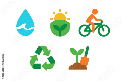 Icons representing environmental sustainability and eco-friendly practices in a vibrant and simple flat design style
