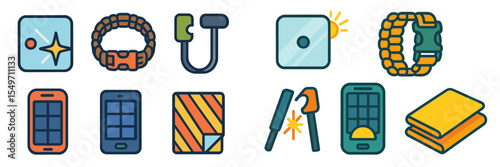 Collection of colorful icons representing modern gadgets and accessories on a bright background
