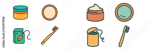 Icons of personal care products displayed in a colorful and organized manner for daily hygiene and skincare routines