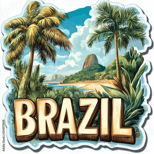 Brazil tropical landscape with Sugarloaf Mountain, Rio de Janeiro, sticker design
