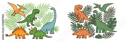 Colorful dinosaur illustrations among tropical foliage showcasing a playful prehistoric gathering in a vibrant design