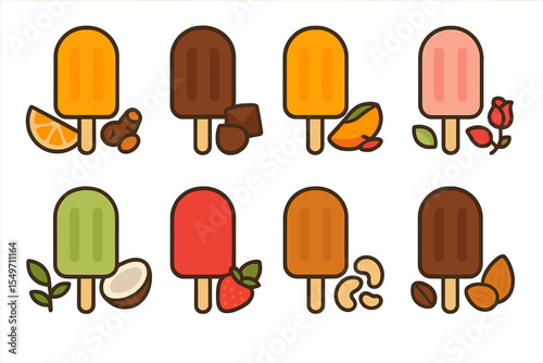 Colorful assortment of popsicles featuring various flavors and toppings in a fun design