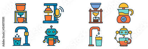 Various coffee and beverage brewing devices designed with colorful, modern illustrations showcasing automation and technology in kitchen environments