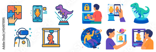 Illustrations of various digital activities and technology concepts in a modern education setting