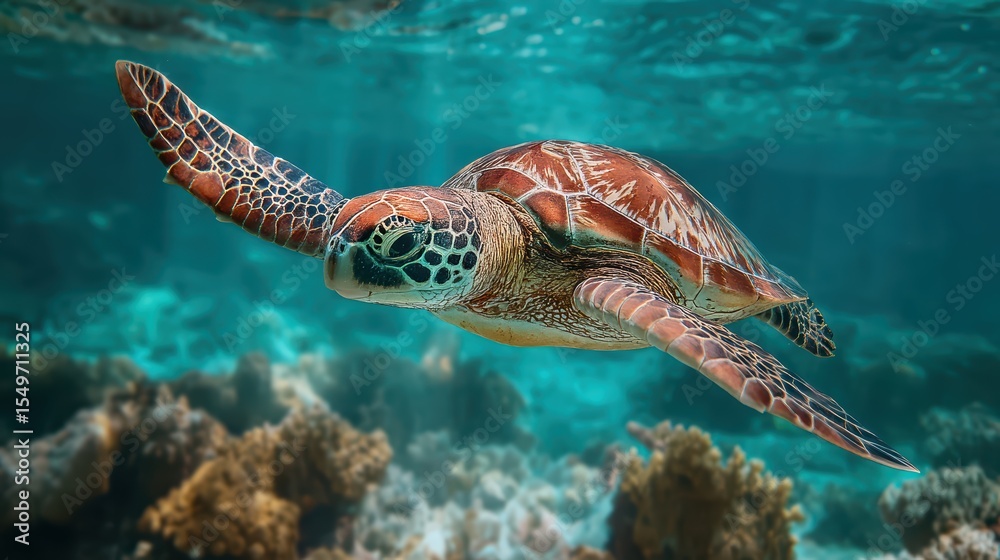 Fototapeta premium Green sea turtle gliding over coral reef, softly blurred turquoise water backdrop under shafts of sunlight