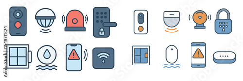 Various home security icons depicting alerts, monitoring, and control systems in a modern digital environment