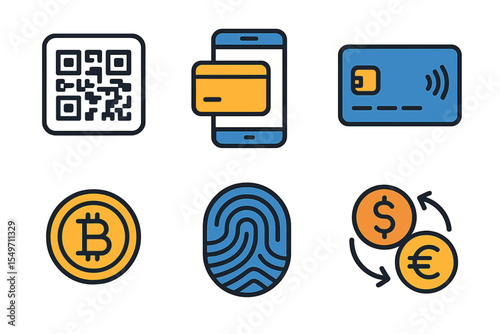 Digital payments technology featuring QR code, mobile wallet, and cryptocurrency icons for modern transactions