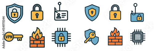 Collection of security icons depicting various aspects of cybersecurity and data protection in a modern digital environment