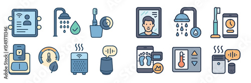 Smart home technology icons representing health monitoring and hygiene activities in a modern household setting