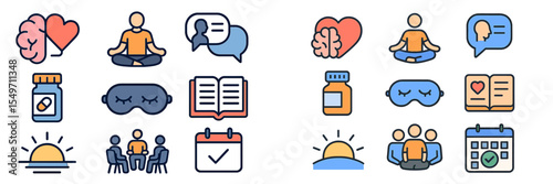 Visual representation of mental wellness activities and self-care practices throughout different times of day emphasizing relaxation and mindfulness