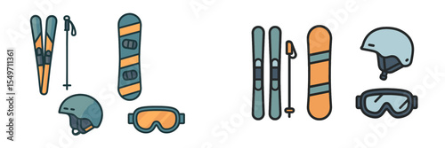 Equipment for skiing and snowboarding with gear arranged for winter sports enthusiasts
