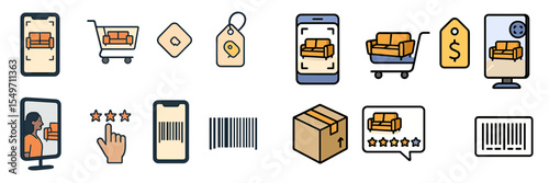 Icons depicting online shopping for furniture, highlighting various interactions and elements of purchasing