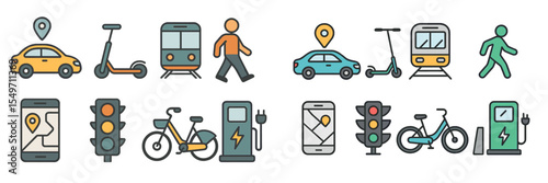 Various modes of urban transportation in colorful icons showing cars, scooters, bikes, and public transport activities