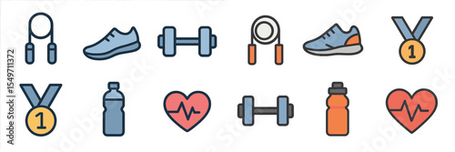 Fitness icons representing exercise equipment, activities, and health in a colorful design ideal for gym and wellness themes
