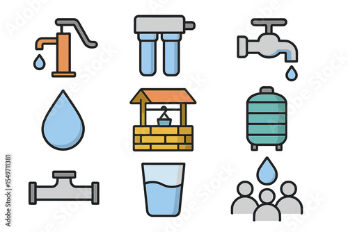 Water sources and purification methods illustrated with various icons and symbols for educational purposes