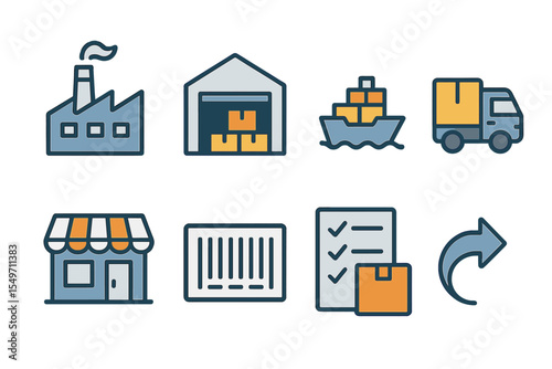 Visual representation of logistics elements in supply chain management featuring various transportation methods and warehouses