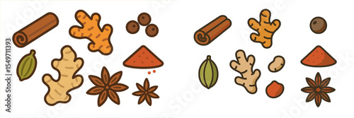 Assorted spices and herbs arranged on a white background showcasing natural colors and textures ideal for culinary uses