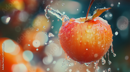 Fresh red apple with water splash on blurred background