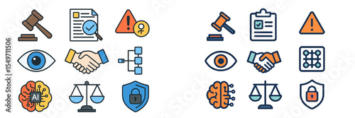 Understanding the intersection of law and technology through various symbols and icons representing key concepts of justice