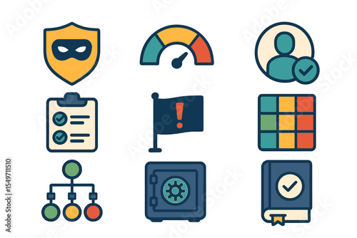 Colorful icons representing security, user verification, and risk assessment in a digital environment