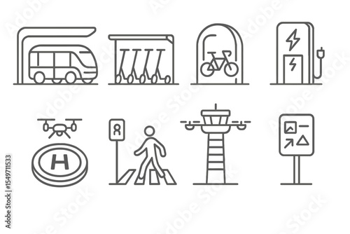 Transportation symbols depicting various urban mobility options and infrastructure for bicycles, drones, and pedestrians