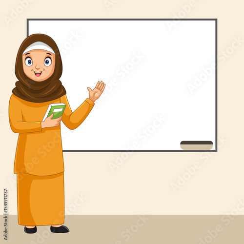 Cartoon of a Muslim female teacher wearing a hijab with a whiteboard