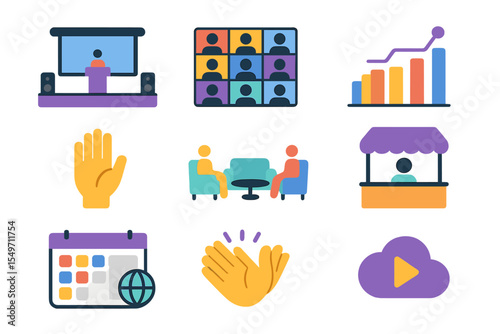 Digital event illustrating key components like audience interaction, presentations, and networking opportunities in a virtual space
