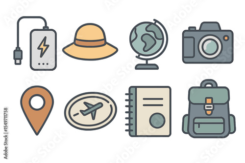 Traveling essentials for adventure lovers including power bank, hat, globe, and backpack ready for exploration
