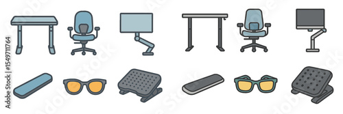 Office furniture and accessories layout featuring desks, ergonomic chairs, and desk tools in a modern workspace environment