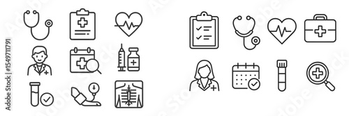 Health and medical icons depicting various aspects of healthcare, doctor-patient interactions, and medical technology advancements
