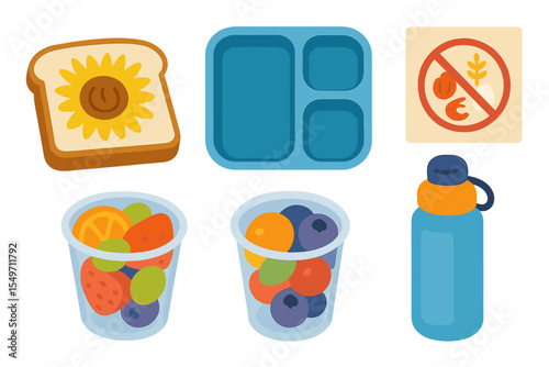 Healthy lunch options with fruit cups, whole grain bread, and reusable containers at a school setting