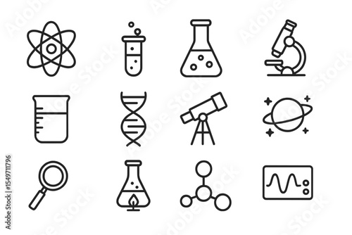 Exploring science through symbolic icons representing various fields and experiments in a minimalist design