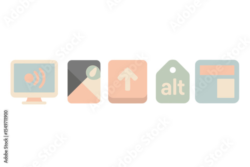 Digital icons representing various online activities displayed on a light background