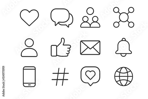 Collection of outline icons representing social interactions and digital communication in a modern design